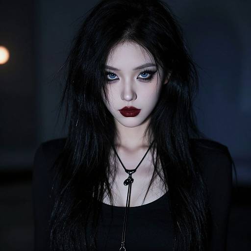 Photograph of a pale, dark-haired woman with striking blue eyes, bold red lips, black gothic clothing, and a cross necklace, against a