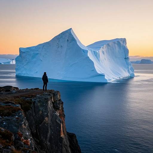Photograph of a lone person standing on a rocky cliff, gazing at a massive, illuminated iceberg in a calm, blue sea at sunset.