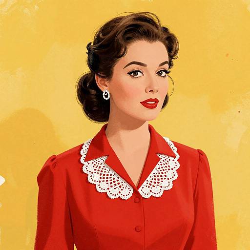 Digital illustration of a vintage-style woman with dark hair in an updo, wearing a red blouse with a white lace collar, against a yellow background.