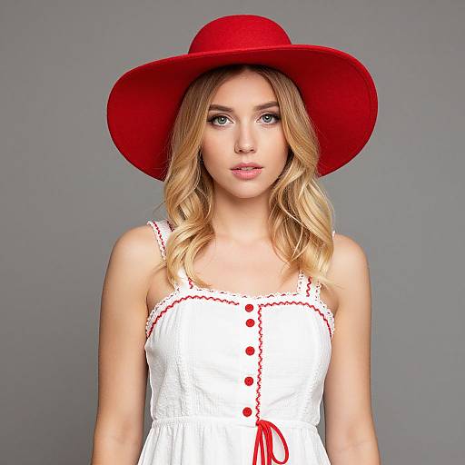 Blonde Woman in Red Hat and Dress