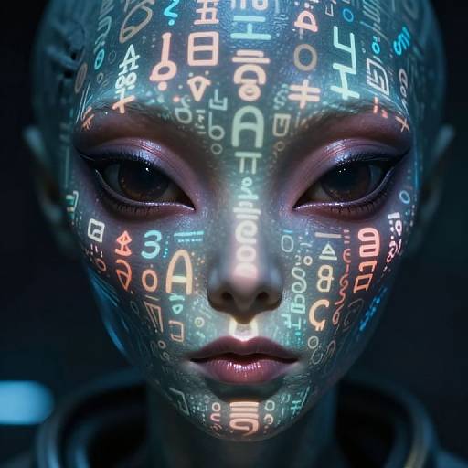Digital art of a humanoid face with glowing, colorful mathematical symbols (numbers and symbols) on a metallic, blue-tinted skin. Intense,