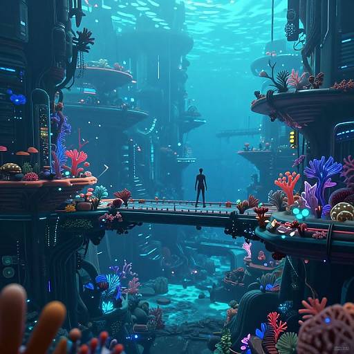 Digital art: Futuristic underwater cityscape with glowing coral, bioluminescent plants, and a lone figure standing on a bridge amidst towering, illuminated