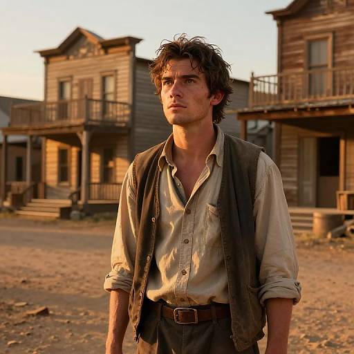 Photograph of a rugged, curly-haired man in a dusty, unbuttoned shirt and vest, standing in front of old, wooden Western-style buildings