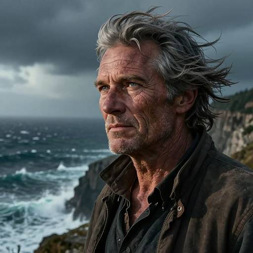 Photograph of rugged, middle-aged man with gray hair and beard, wearing dark shirt, standing by stormy ocean with cliffs, under cloudy sky.