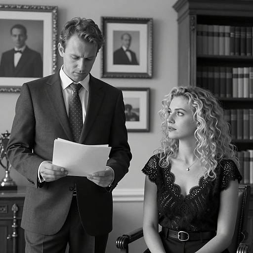 Black-and-White Office Discussion