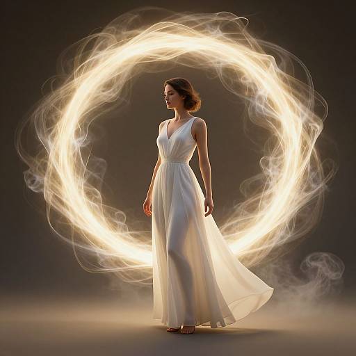 Photograph of a woman in a flowing white dress standing against a dark background, with a glowing, ethereal light circle swirling around her.