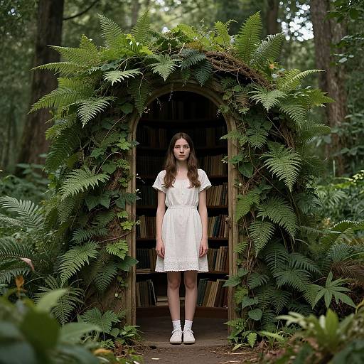 Photograph of a young woman with long brown hair, wearing a white dress and white shoes, standing in a fern-covered archway in a forest,