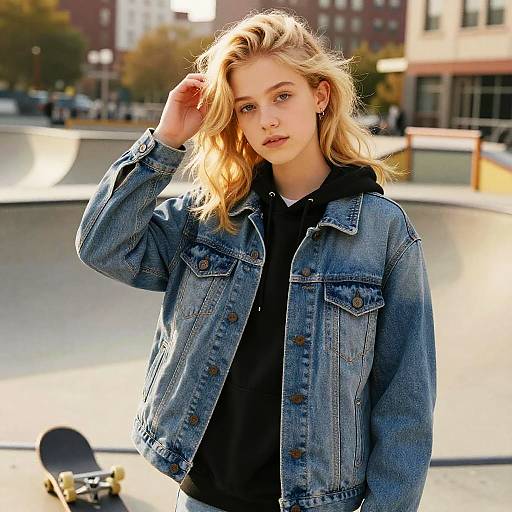 Photograph of a blonde, blue-eyed young woman in a denim jacket, black hoodie, standing in a sunlit urban skatepark. Background includes blurred