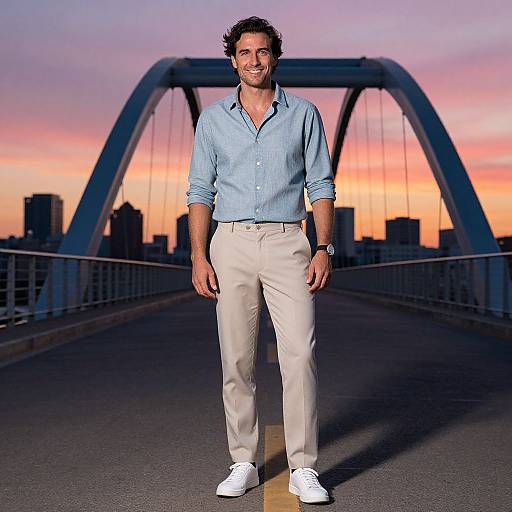Photograph of a smiling man with curly hair, wearing a light blue shirt, beige pants, and white sneakers, standing on a bridge at sunset with