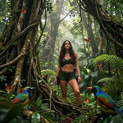 Photograph of a fit, long-haired woman in a green bikini top and black shorts, standing confidently in a dense, sunlit jungle with colorful birds