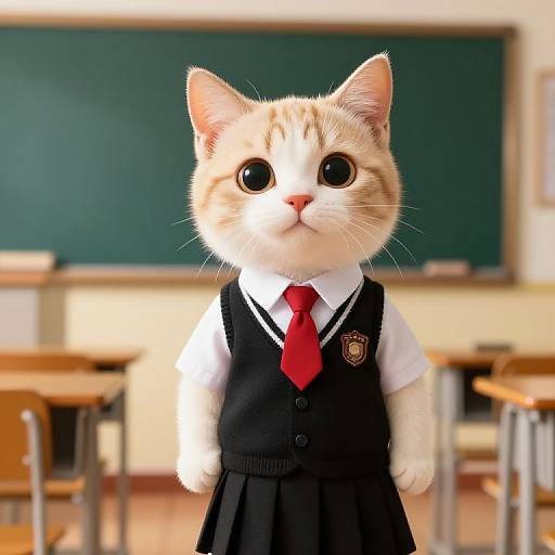 CGI cat with large eyes, wearing a white shirt, black vest, red tie, and black skirt, standing in a classroom with desks and a
