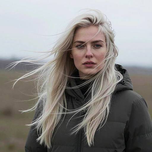 Photograph of a wind-blown, blonde-haired white woman with fair skin, wearing a black puffer jacket, against a blurred, overcast outdoor