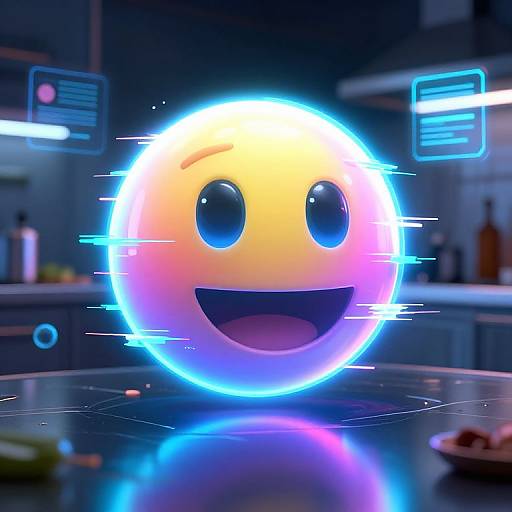 Glowing, neon-blue, smiling emoji with large black eyes floats over a modern kitchen counter, illuminated by holographic screens. Digital CGI artwork.