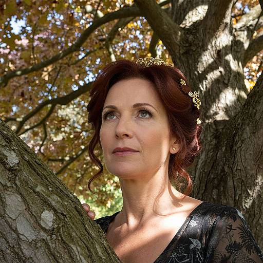 Photograph of a middle-aged woman with red hair, wearing a black lace top, standing against a tree in a sunlit autumn forest.
