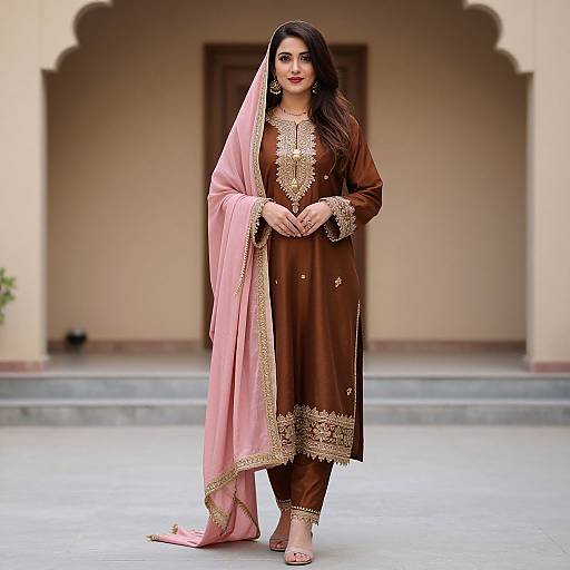 Photograph of a South Asian woman in a brown salwar kameez with gold embroidery, pink dupatta, and pink sandals, standing in a