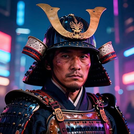 Photograph of a serious Japanese samurai with detailed armor, including a gold horned helmet, in a neon-lit urban night setting.