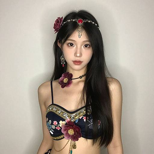 Photograph of an East Asian woman with long black hair, wearing a floral embroidered bra, red flower headpiece, and necklace, against a plain white