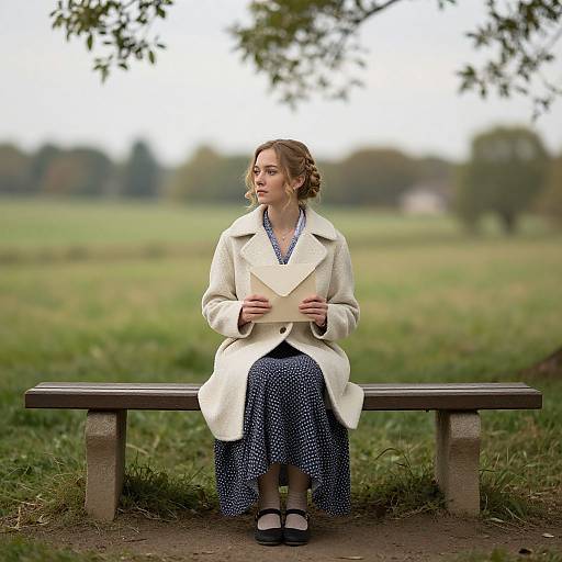 Photograph of a young woman with fair skin and brown hair, wearing a white coat, blue polka-dot dress, and black shoes, sitting on