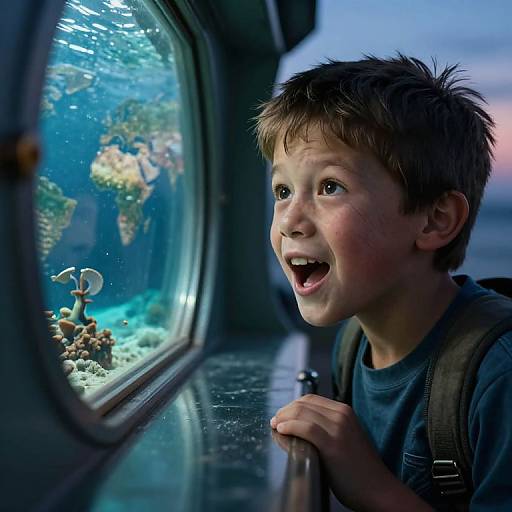 Photograph of a young boy with short brown hair, wide-eyed and open-mouthed, gazing excitedly at a brightly lit aquarium filled with colorful