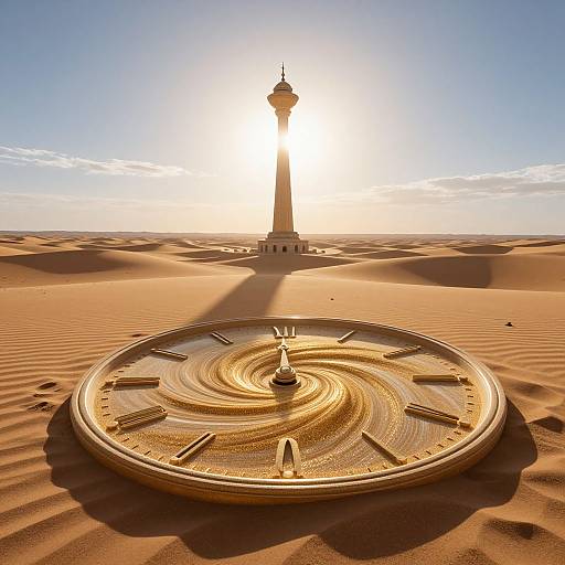 Photograph of a desert sunrise with a tall, sunlit minaret tower in the background and a large, circular sundial in the foreground. Golden