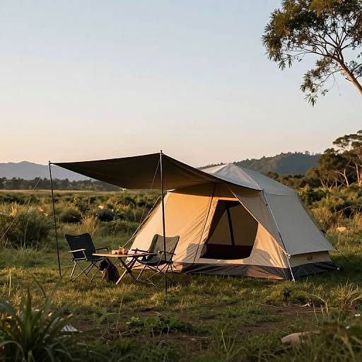 Photograph of a beige camping tent with a black canopy, set up in a grassy field at sunset, with two folding chairs nearby. Background includes