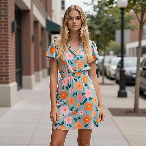 Young Woman in Floral Dress on Urban Street