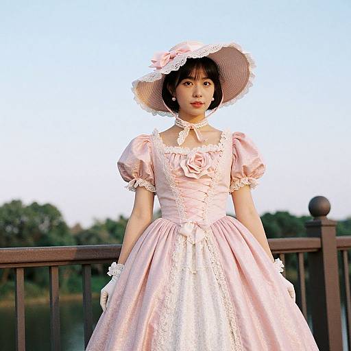 Photograph of an Asian woman in a pink Victorian-style dress and wide-brimmed hat, standing on a wooden bridge with a lake and trees in