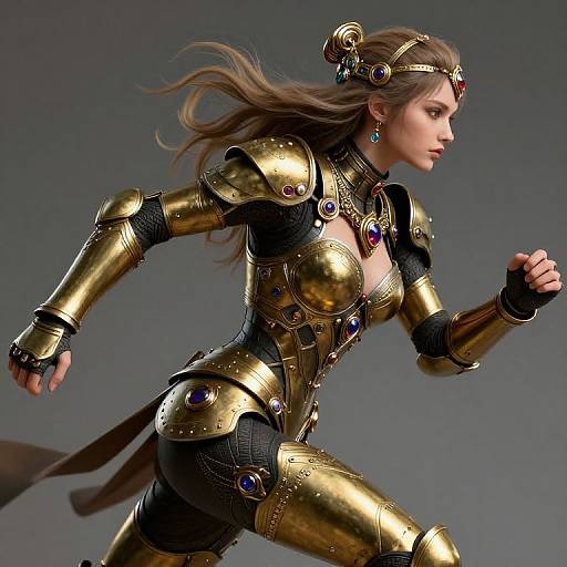 CGI image of a fierce, brown-haired woman in golden, armor-like attire with purple gemstones, running against a gray background.
