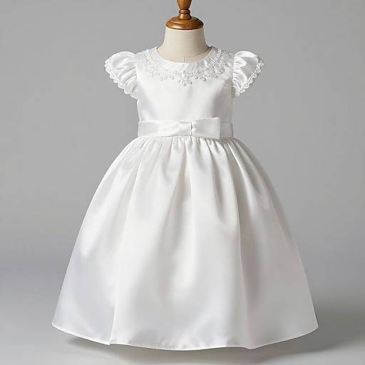 Photograph of a white, short-sleeved, lace-trimmed, satin children's dress displayed on a wooden mannequin against a plain