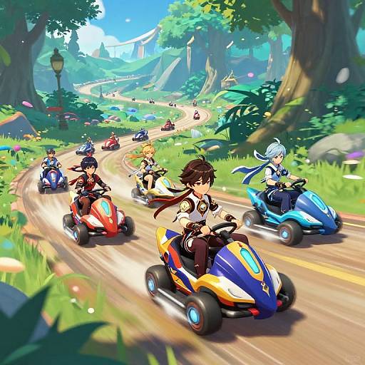 Colorful digital illustration of six anime-style riders on vibrant, high-speed go-karts racing through a lush, sunlit forest path.