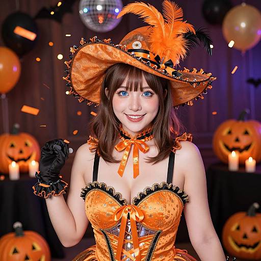 Photograph of a smiling woman in an orange Halloween costume with a feathered hat, black lace gloves, and a corset, surrounded by jack-o