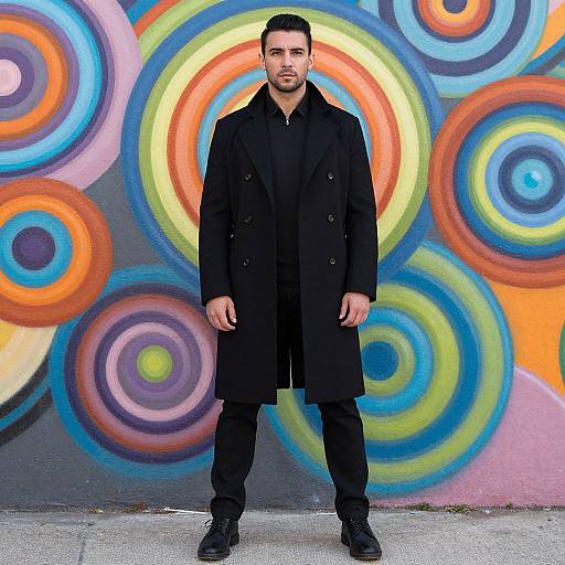 Photograph of a bearded man in a black overcoat, standing in front of a colorful, vibrant graffiti wall with large, overlapping circles. Urban