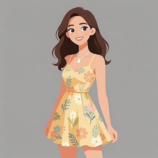 Digital illustration of a smiling woman with long dark hair, wearing a yellow floral dress, standing against a gray background.