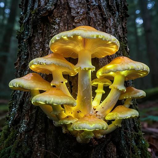 Photograph of glowing yellow mushrooms with orange edges, clustered on a mossy tree trunk in a dark forest, illuminated by internal light.