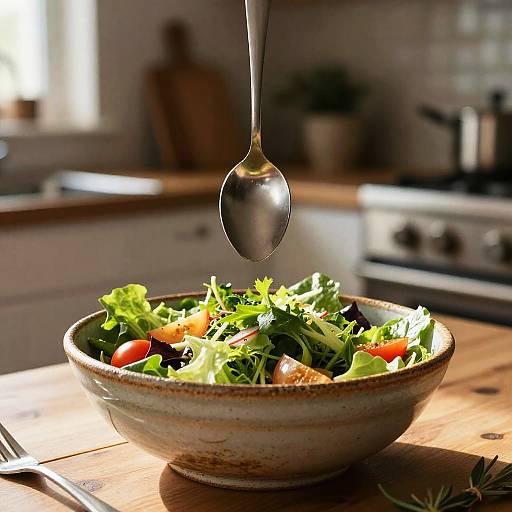 Upside Down Spoon on Rustic Salad Bowl