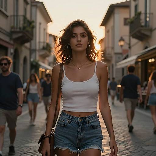 Photograph of a young woman with wavy brown hair, wearing a white tank top and frayed denim shorts, walking down a cobblestone street