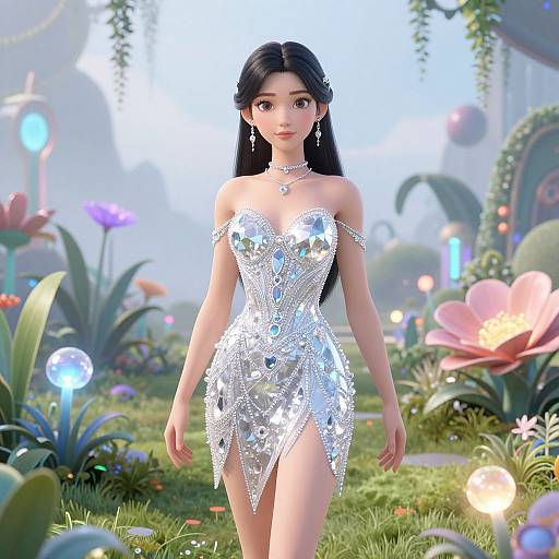 Digital CGI image of an Asian woman with long black hair, wearing a silver, sequined, strapless dress, in a magical, colorful garden.