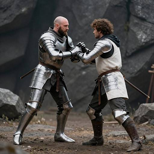 Two Knights in Medieval Armor Battling on Rocky Terrain