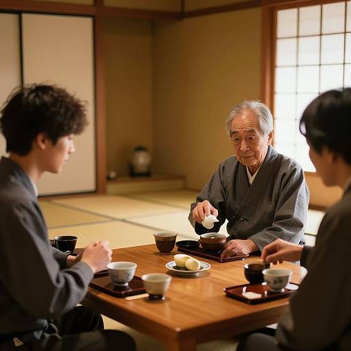 Photograph of three Japanese men in traditional dark robes, seated around a wooden table with tea cups, playing Go in a sunlit, traditional Japanese room
