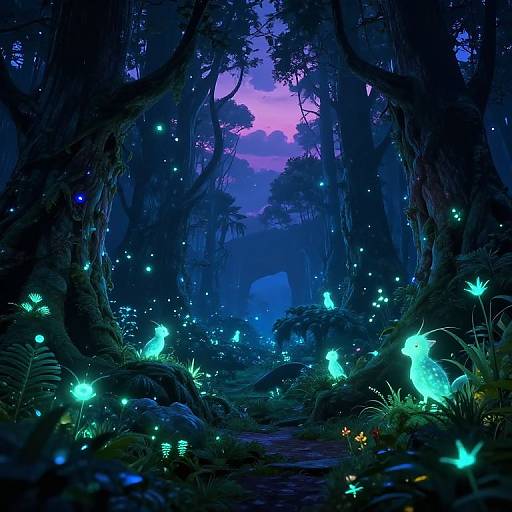 Digital art of a mystical forest at night, illuminated by glowing blue fireflies, surrounded by dark, towering trees and vibrant purple sky.