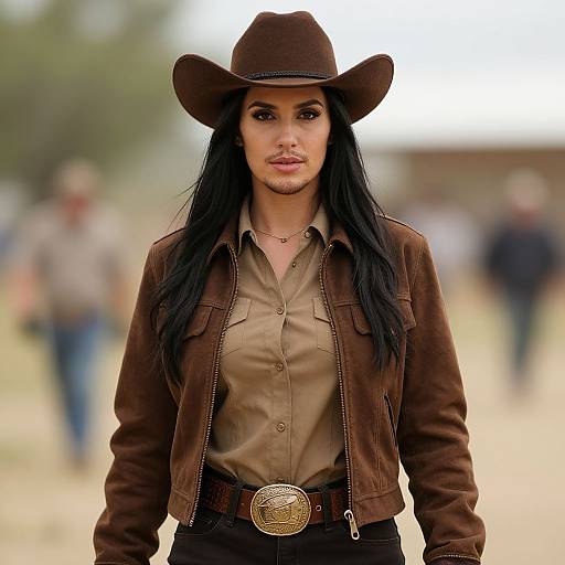 Photograph of a confident woman with long black hair, brown cowboy hat, brown jacket, beige shirt, and black pants, standing outdoors with a blurred