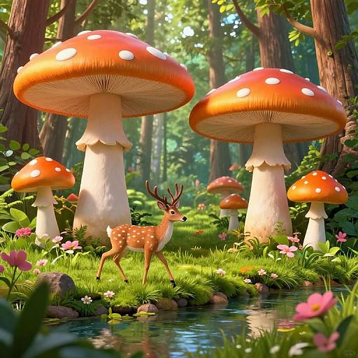 Whimsical forest scene: a cute spotted deer stands by a stream under giant red-and-white spotted mushrooms, surrounded by vibrant flowers and lush greenery