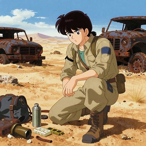 Anime-style drawing of a young man in a desert, crouching beside a backpack, cans, and tools, with rusted cars in the background