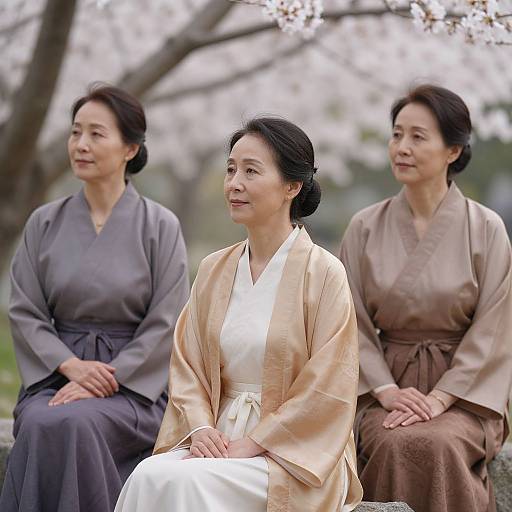 Photograph of three Korean elderly women in traditional kimonos, seated outdoors during cherry blossom season, with soft springtime background.