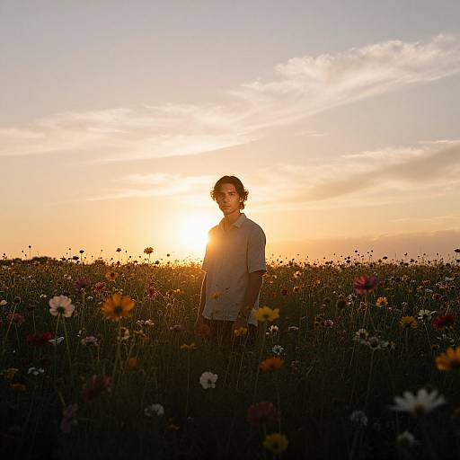 Photograph of a young man with curly hair standing in a sunlit field of colorful wildflowers at sunset, silhouette against the glowing sky.