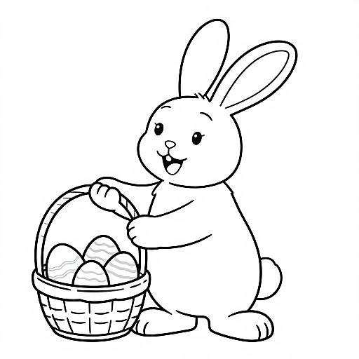 Black-and-white line drawing of a cute, smiling rabbit holding a basket of eggs, standing upright. Simple, cartoon style.