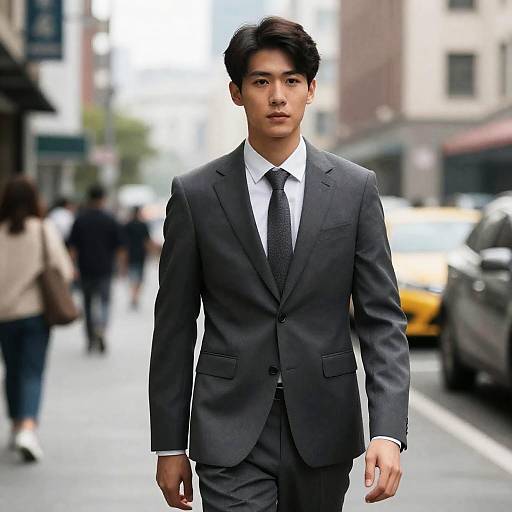 Photograph of a young Asian man with short black hair, in a black suit, white shirt, and black tie, walking confidently on a busy urban