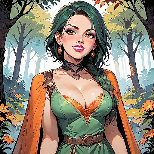 Digital anime-style drawing of a green-eyed, green-haired woman with large breasts, wearing a green dress with orange accents, standing in a sunlit forest