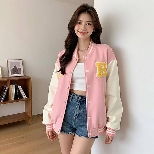 Young Woman in Varsity Jacket Smiling