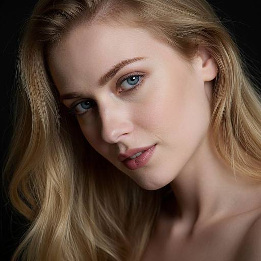 Close-up photograph of a fair-skinned, blonde woman with blue eyes, subtle makeup, and wavy hair, against a dark background.